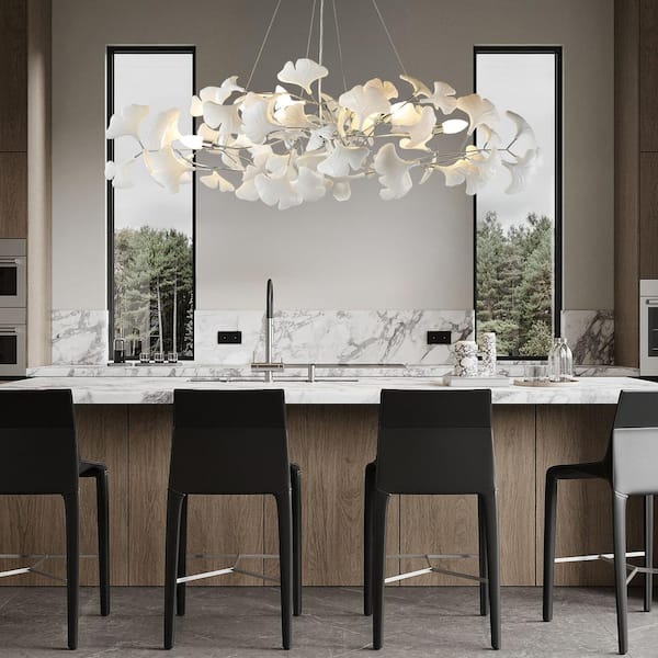 6 Light Silver Chandelier, Luxury Ginkgo Branch Chandelier for Living Room, Dining Room, Foyer, Kitchen Island-L47 in.