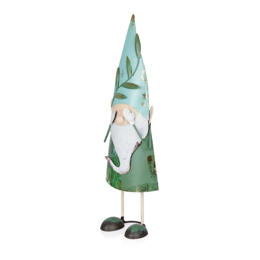 Whimsical Green Iron Hide-and-Seek Garden Gnome, 19"