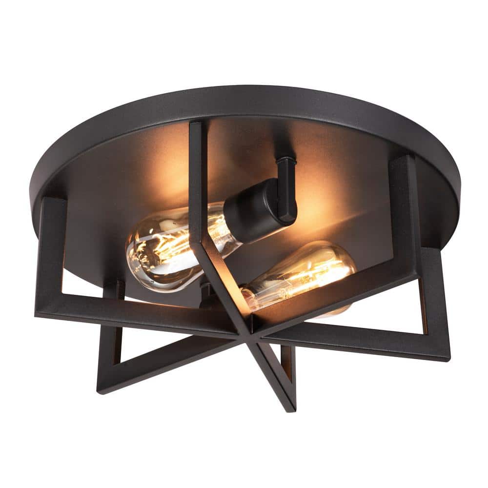 Aged Brass and Steel 14" Drum Flush Mount Light