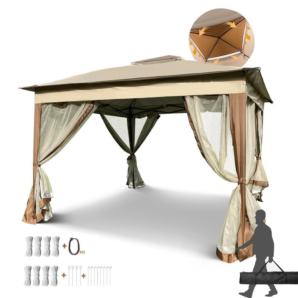 11x11 ft Brown Metal Patio Gazebo with Netting and 2-Tier Roof