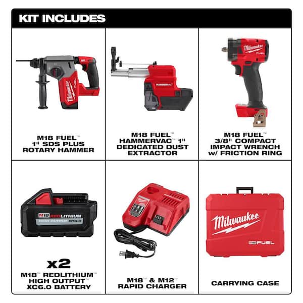 M18 FUEL 18V Lith-Ion Brushless 1 in. Cordless SDS-Plus Rotary Hammer, Two Batteries & 3/8 in. Impact Wrench