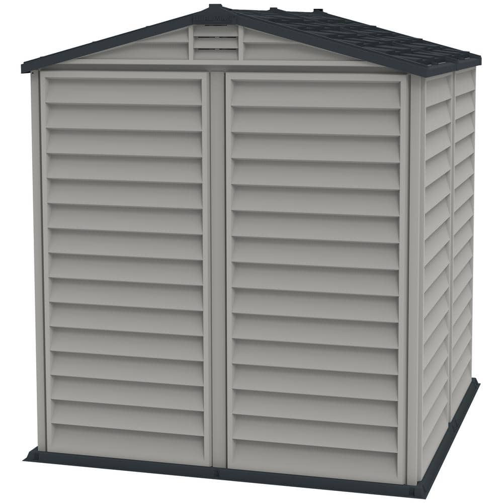 Gray Vinyl Resin Storage Shed with Shelving and Windows