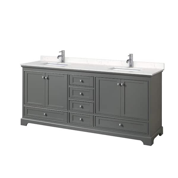 Wyndham Collection 80 in. W x 22 in. D Double Vanity in Dark Gray with Cultured Marble Vanity Top in Light-Vein Carrara with White Basins