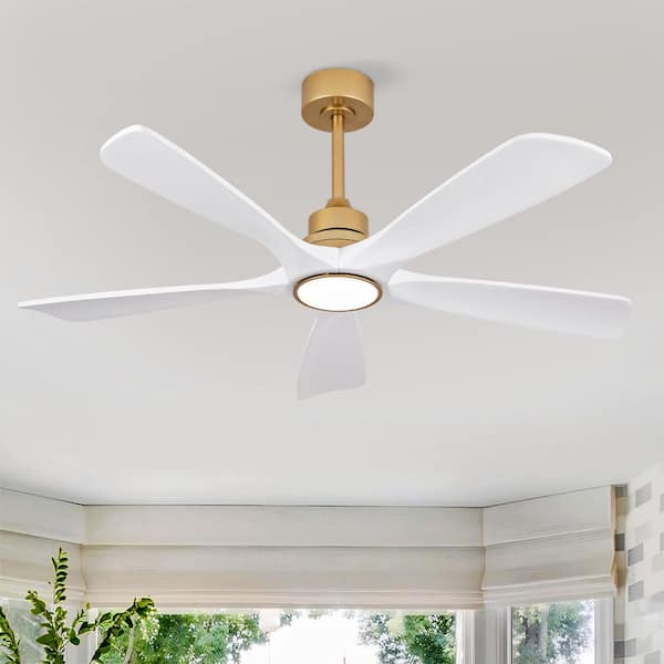 52 in. Smart Gold Solid Wood White Blades 2-Size Downrod Mount Standard Ceiling Fan with 3-Color Dimmable LED Light