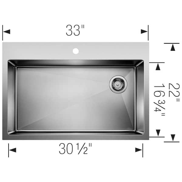 QUATRUS Dual Mount Stainless Steel 33 in. x 22 in. 1-Hole Single Bowl Kitchen Sink in Satin Polished