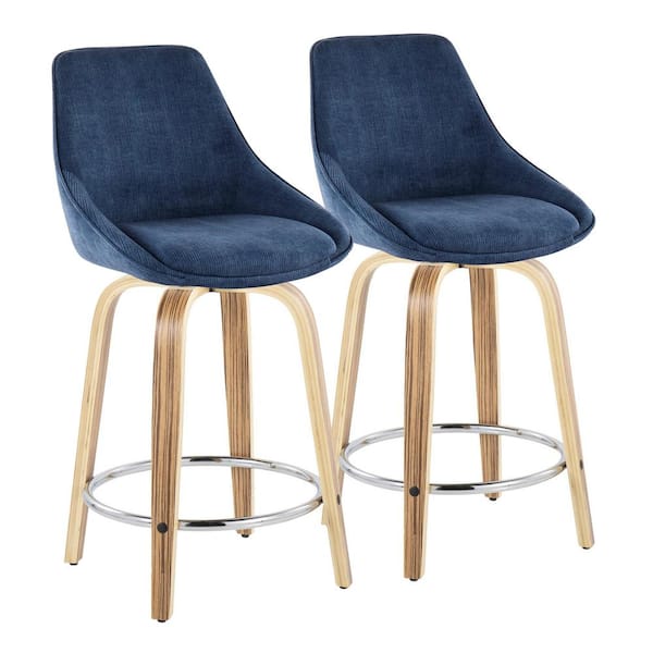 Lumisource Diana 24.75 in. Blue Corduroy, Zebra Wood and Chrome Metal Fixed Counter Height Bar Stool with Round Footrest (Set of 2)