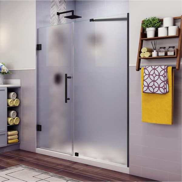 Aston Belmore 67.25 in. to 68.25 in. x 72 in. Frameless Hinged Shower Door with Frosted Glass in Matte Black