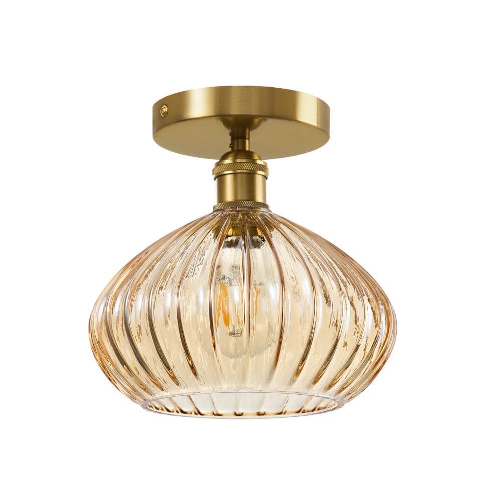Modern 7.99 in. 1-Light Gold Flush Mount Ceiling Light with Striped Glass Amber Shade for Kitchen Bedroom Hallway Foyer price history on PriceWatchPro