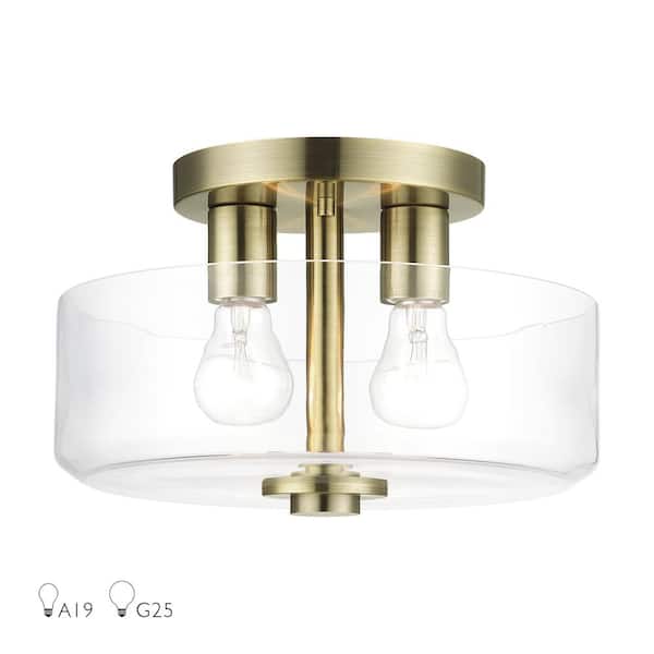 Livex Lighting Whitworth 12.25 in. 2-Light Antique Brass Semi Flush Mount with White Clear Glass