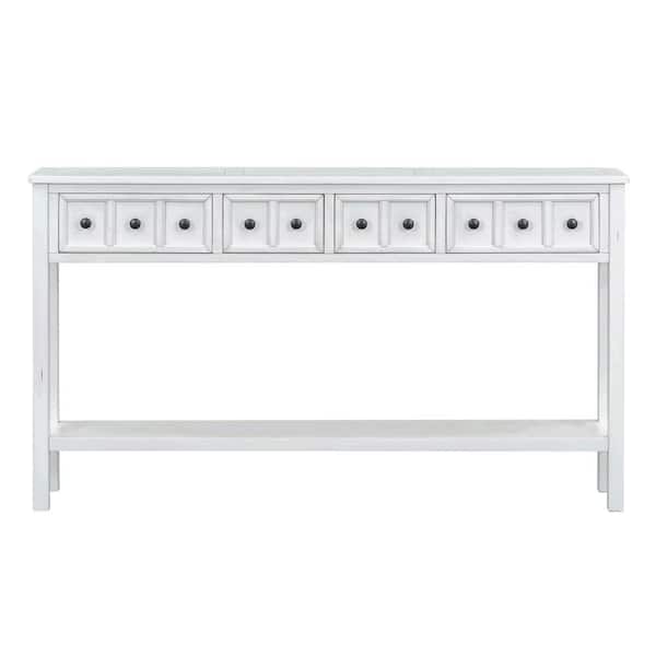 LCEPURE TRADE INC 60 in. Antique White Rectangle Wood End Table, Rustic Entryway Console Table, Long Sofa Table with Drawers and Shelf