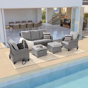 5-Piece Gray Wicker Patio Sofa Set Outdoor Conversation Set with 3-Seat Sofa Ottomans, Linen Grey Cushions