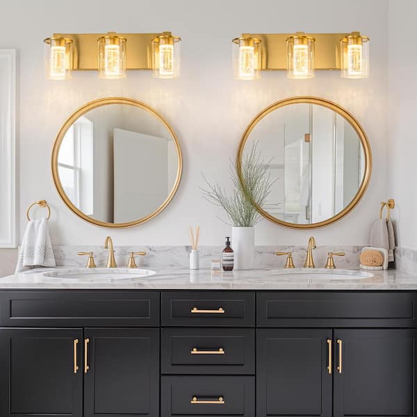 17 in. Modern 3-Light Integrated Gold Crystal LED Vanity Light for Bathroom, Dimmable with Adjustable White