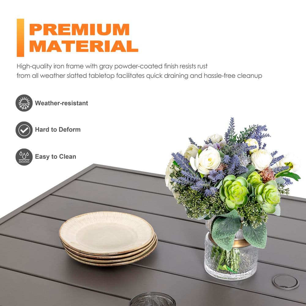 Nuu Garden 61'' Grey Iron Rectangular Patio Dining Table with Umbrella Hole