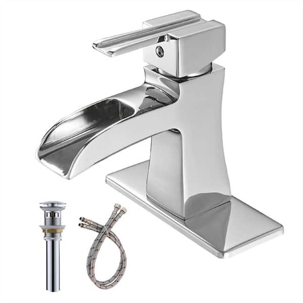 FLG Single-Handle Single-Hole Brass Waterfall Bathroom Sink Faucet with Pop-Up Drain Kit and Deckplate in Polished Chrome