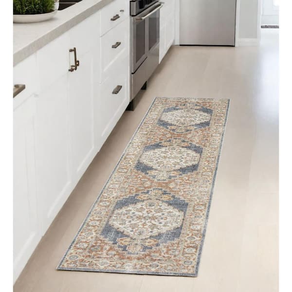 2 ft. x 8 ft. Blue Oriental Washable Area Rug