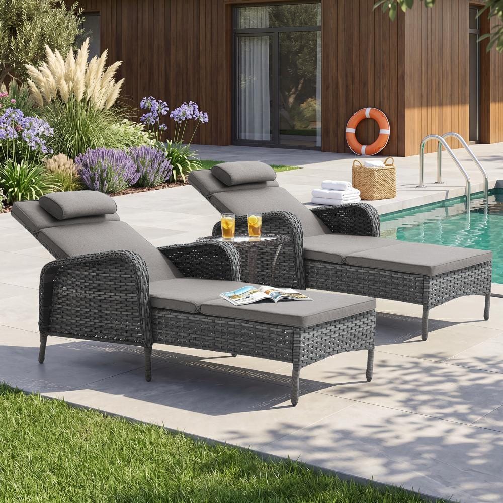 Wellcane 3-Piece Gray Wicker Outdoor Recliner Set, Outdoor Chaise Lounge Chair with Side Table & Gray Cushion price history on PriceWatchPro