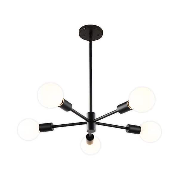 PUDO 17.8 in. 5-Light Mid Century Sputnik Linear Black Chandelier with 4 Extension Rods and Sloped Ceiling Adapter