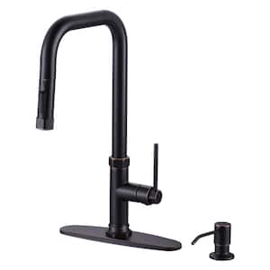 Single Handle Pull Down Sprayer Kitchen Faucet with Soap Dispenser and Deck Plate in Oil Rubbed Bronze