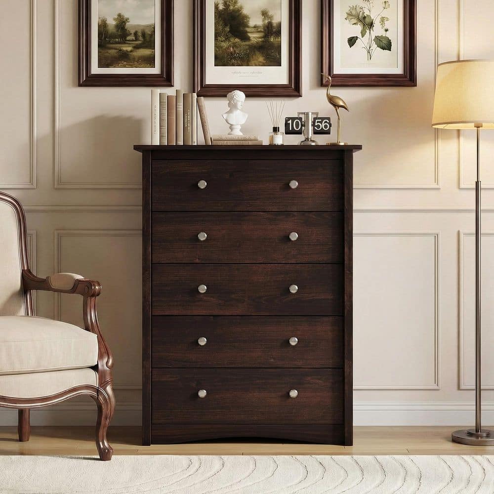 5 drawer dresser dark brown LACOO Creaser 31.5 in. 5-Drawer Chest of Drawers, Tall Narrow Storage  Dresser with Metal Knobs, Brown V-WD-0911A-8