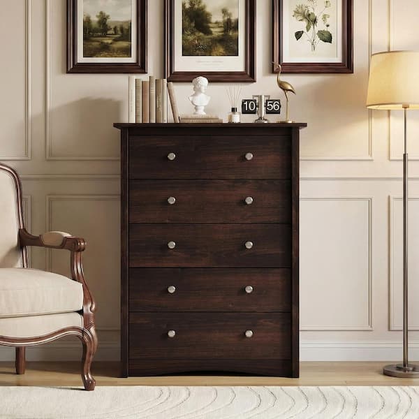 tall dark brown dresser LACOO Creaser 31.5 in. 5-Drawer Chest of Drawers, Tall Narrow Storage  Dresser with Metal Knobs, Brown V-WD-0911A-8