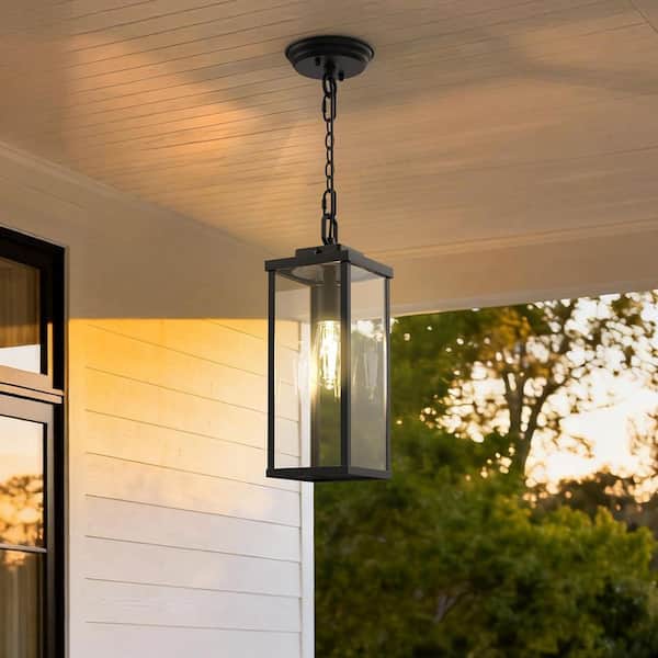 13.8 in. 1-Light Black Rectangle Outdoor Pendant Light with Clear Glass Shade and Dusk to Dawn for Balconies