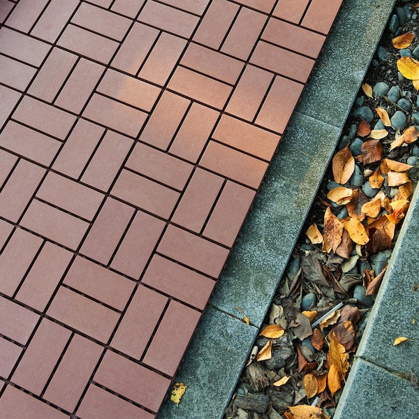 GOGEXX 12 in.W x12 in.L Outdoor Pattern Square Plastic Drainage Interlocking Flooring Patio Deck Tiles(Pack of 44Tiles)in Brown
