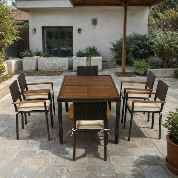 Nestfair 7-Piece Wood Patio Outdoor Dining Set with Cream Cushion