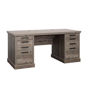 Aspen Post 65.118 in. Pebble Pine 6-Drawer Executive Desk with Cord Management