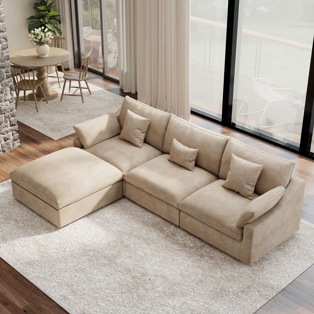 119.19 in. Square Arm 4-Piece Linen Down Feather Modular Free Combination Sectional Sofa with Ottoman in. Brown