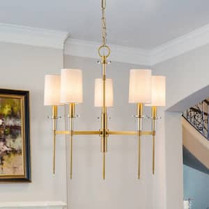 Sophia 5-Light Modern Aged Brass Chandelier with Fabric Shades and Crystal Accents
