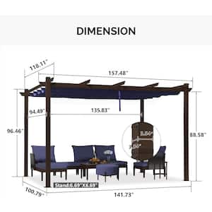 10 ft. x 13 ft. Navy Blue Metal Outdoor Retractable Pergola with Shade Canopy Cover for Beach Deck Gazebo