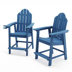 All Weather Plastic Composite Outdoor Bar Stool Adirondack Arm Chairs with Cup Holder-Blue(set of 2)