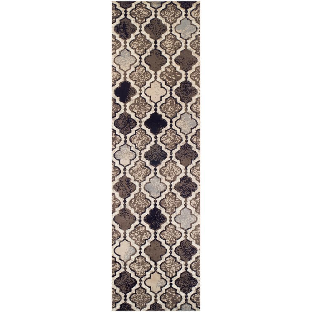 Ivory Trellis 2'7" x 12' Synthetic Runner Rug with Stain-resistant Design