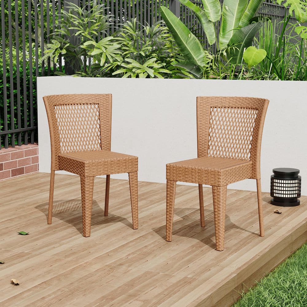 Stacking Chairs Set of 2, Outdoor Patio Furniture with Wicker and Iron Fram