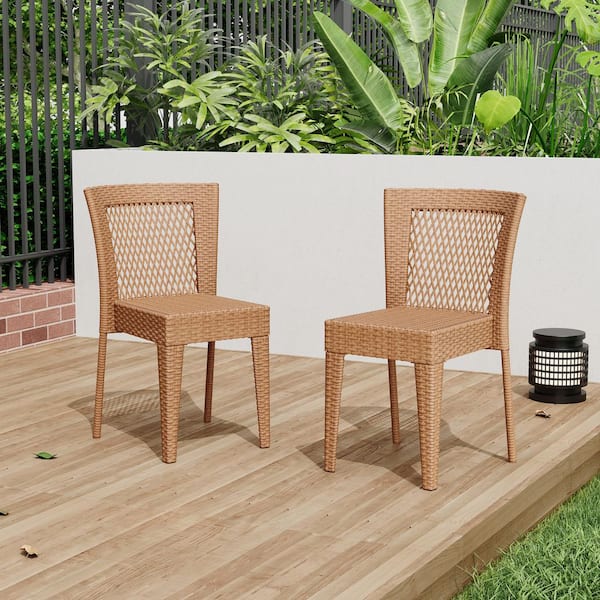 Stacking Chairs Set of 2, Outdoor Patio Furniture with Wicker and Iron Frame, Weather-Resistant Light Brown Side Chairs