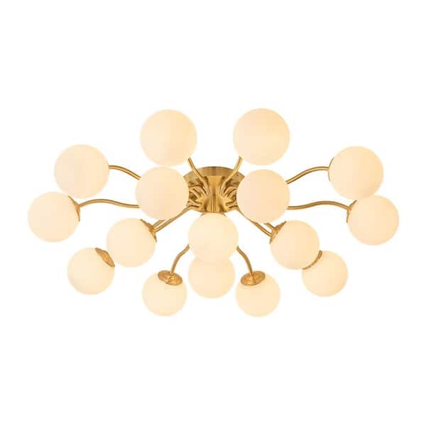 Ceder 16-Light 51.2 in. W Brass Semi-Flush Mount Modern Branch Sputnik Ceiling Light with Globe Opal Glass for Kitchen
