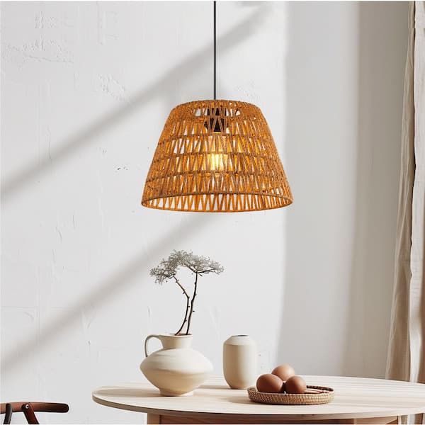 1-Light Modern Brown Woven Rattan Pendant Lights Adjustable Hanging Fixtures for Kitchen Island and Dining Room (3-Pack)