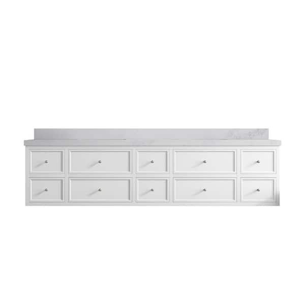 Willow Collections Roswell Floating 84 in. Double Sink Freestanding White Bath Vanity with Calacatta Nuvo Qt. Top Unassembled