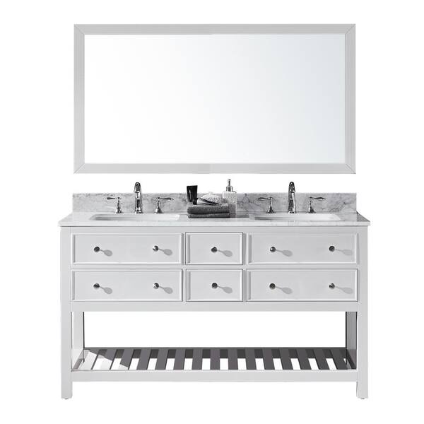 Exclusive Heritage Elodie 60 in. W x 22 in. D x 34.21 in. H Bath Vanity in White With White Marble Top With White Basins and Mirror