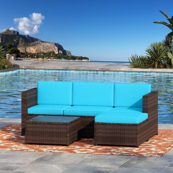 Wateday Outdoor Brown 5-Piece Wicker Patio Conversation Sets Sofa with Blue Cushions