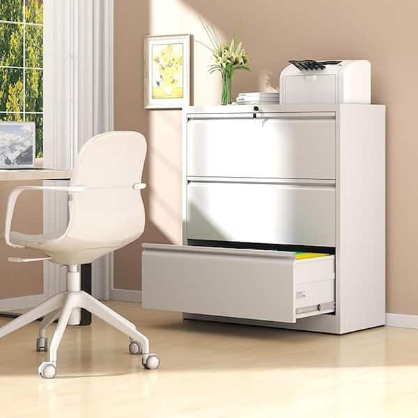 3-Drawer White Metal 35.43 in. W Lateral File Cabinet with Lock, Home Office Hanging File Letter/Legal/F4/A4 Size