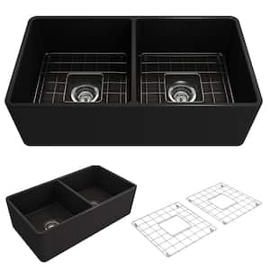 Classico Farmhouse Apron Front Fireclay 33 in. Double Bowl Kitchen Sink with Bottom Grid and Strainer in Matte Black