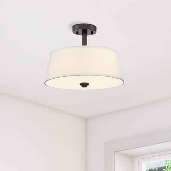 Designers Fountain Studio 15 in. 2-Light Satin Bronze Transitional Entryway Semi-Flush Mount with White Fabric Shade