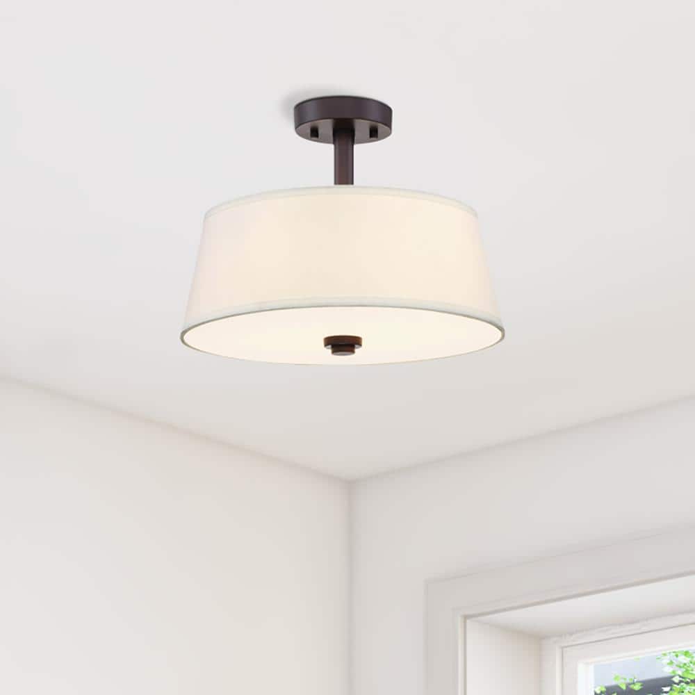 Satin Bronze 15" Semi-Flush Mount Light with Off-White Shade