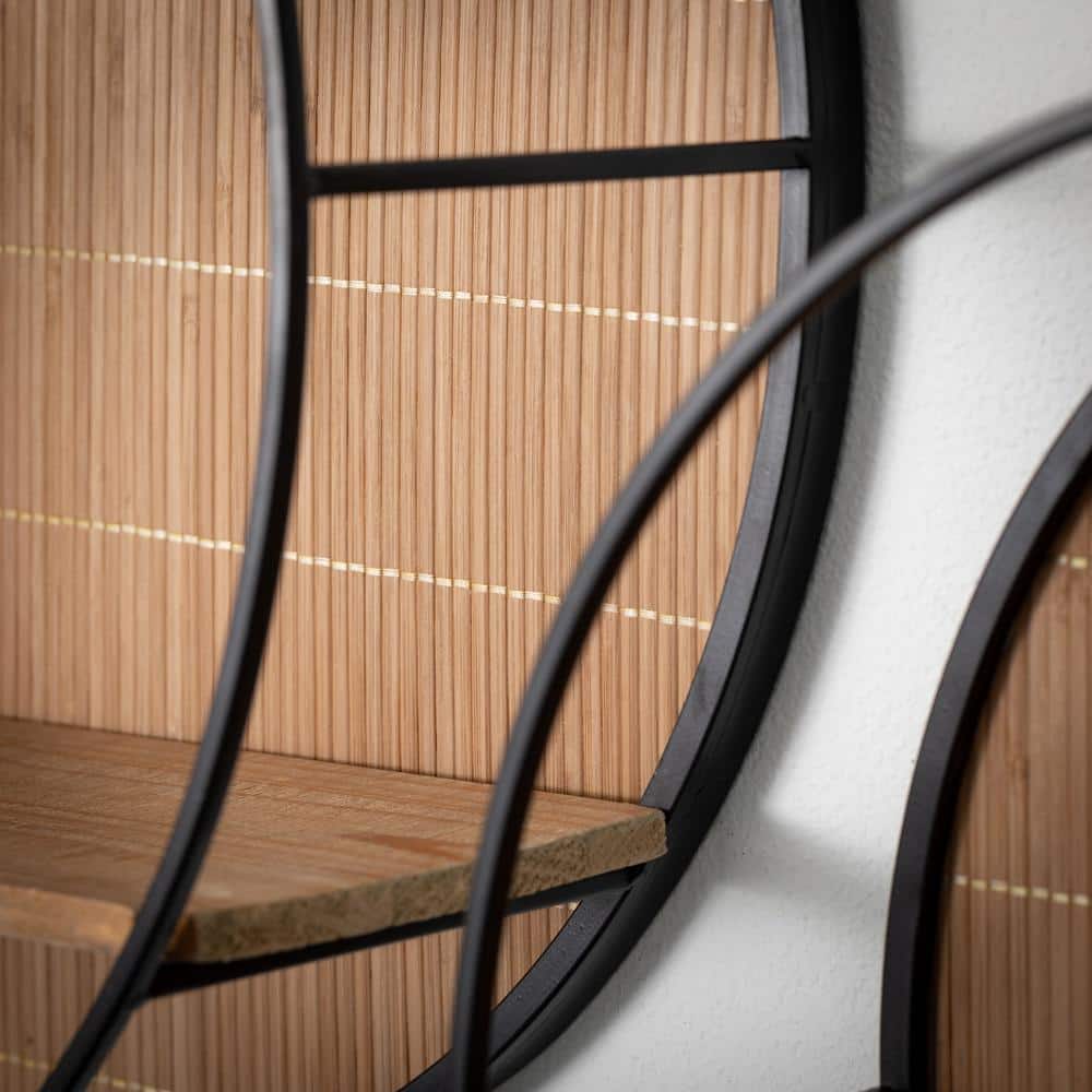 Black Metal and Wood Circular Wall Shelves - Set of 2