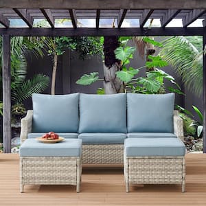 Canton Grey 3-Piece Wicker Patio Conversation Set with Baby Blue Cushions