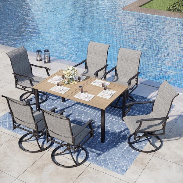 PHI VILLA Black 7-Piece Metal Outdoor Patio Dining Set with Wood-Look Rectangle Table and Padded Textilene Swivel Chairs