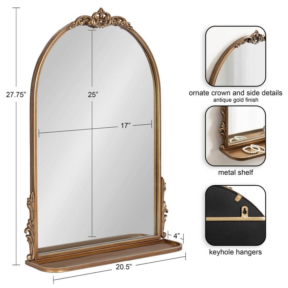 Antique Gold Arched Wall Mirror with Shelf and Ornate Garland
