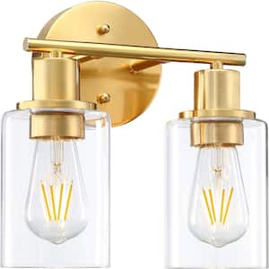 10.44 in. 2-Light Aged Brass Bathroom Vanity Light with Clear Glass Shades