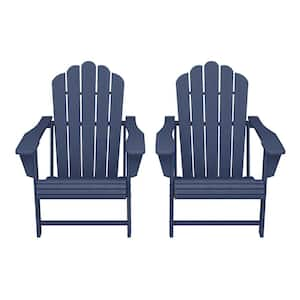 Aderson Set of 2 All Weather Fade Resistant Outdoor Patio HDPE Adirondack Chairs with Cup Holders in Navy Blue